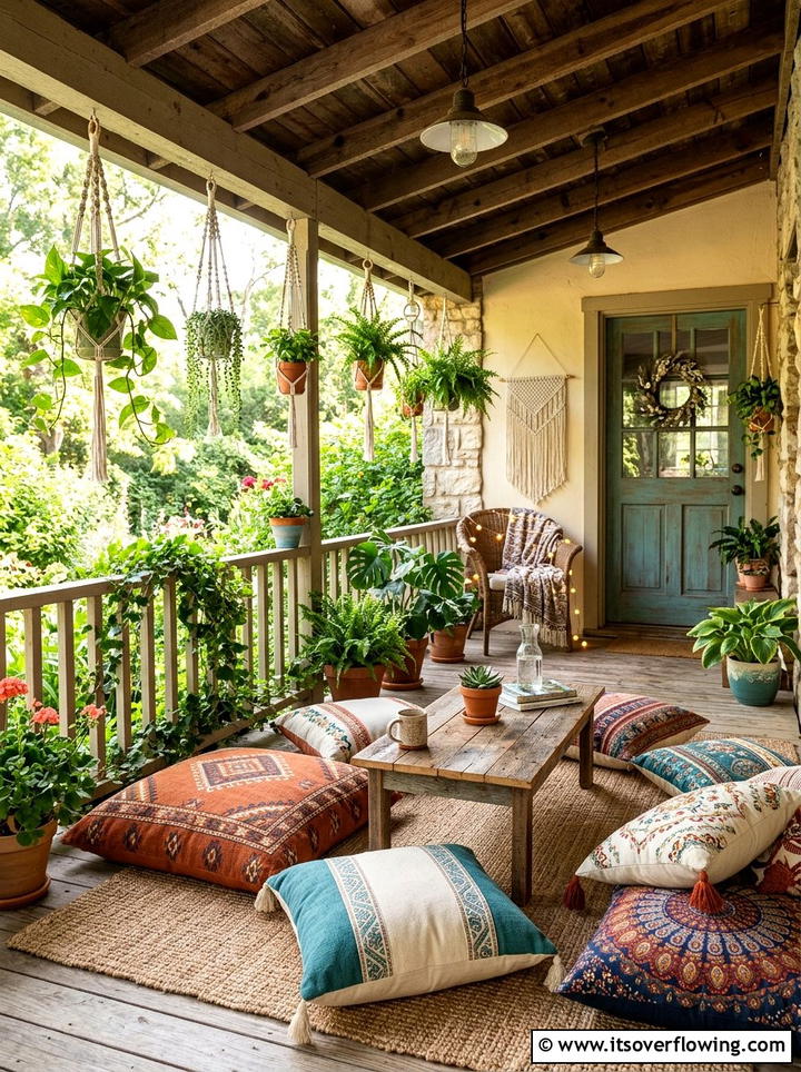 Bohemian outdoor porch with floor pillows - 25 front porch decor ideas with pillows