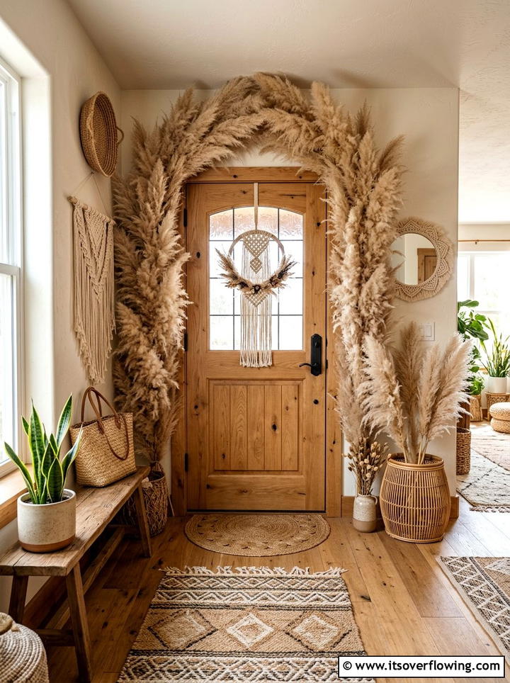 Bohemian pampas grass door - 25 front porch ideas with door garland