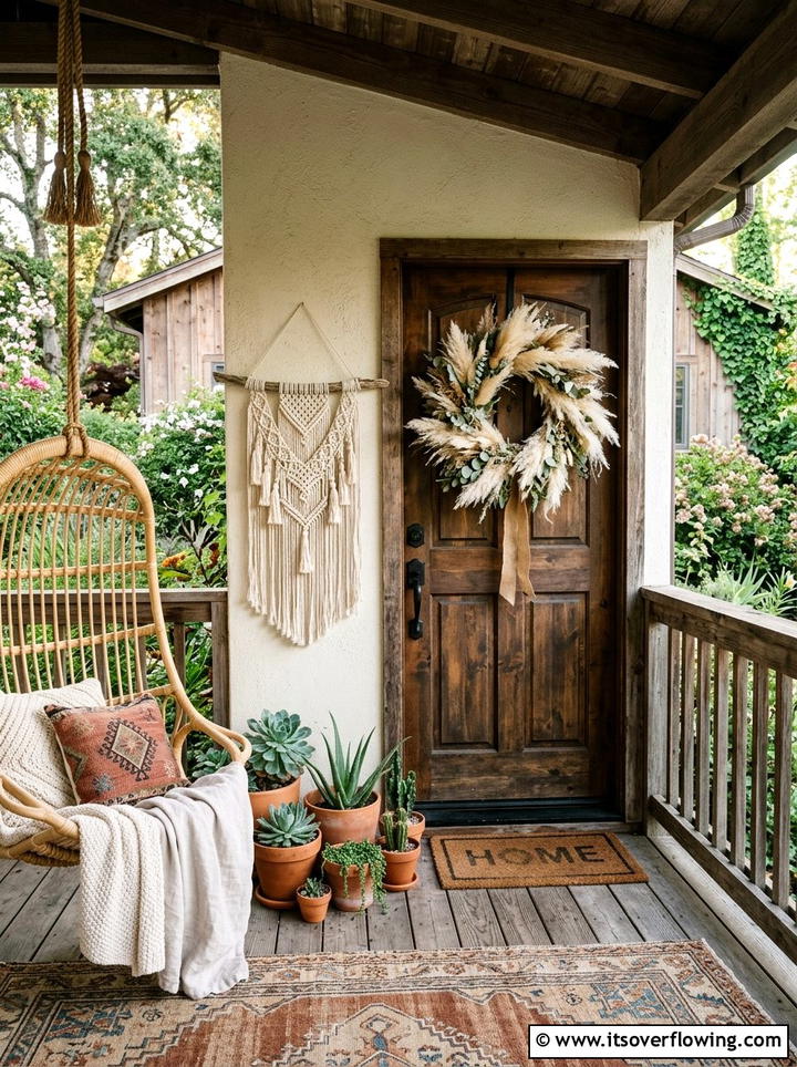 Bohemian pampas grass wreath - 25 front porch decor ideas with wreaths