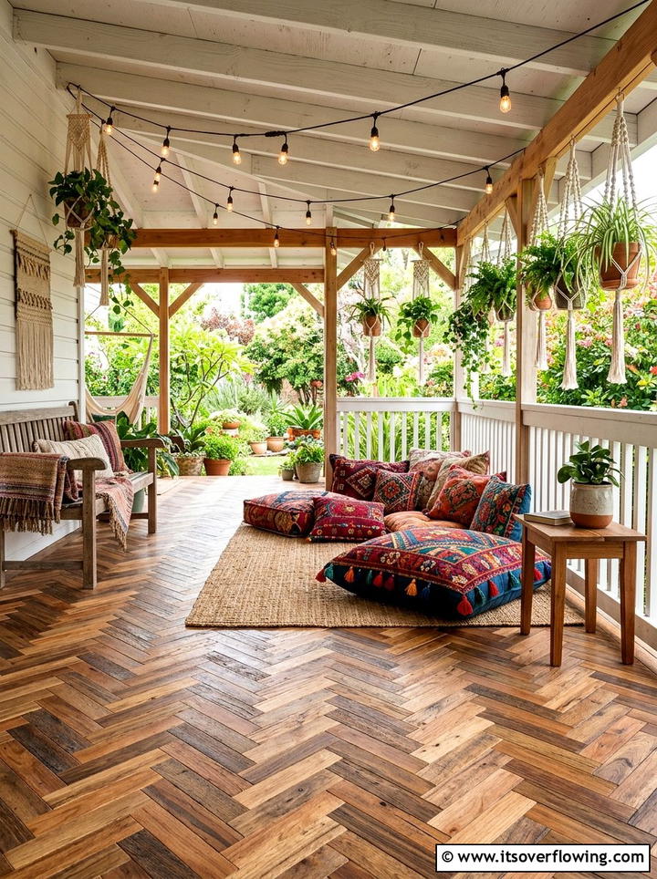 Bohemian porch patterned wood floor - 25 front porch ideas with wood floor