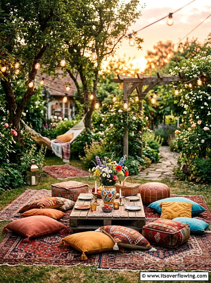 Boho Backyard Picnic Area - 25 backyard ideas with dining area