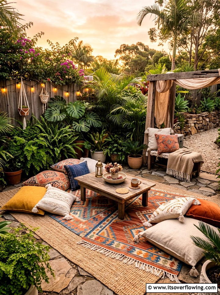 Boho Backyard Seating - 25 backyard decorating ideas with outdoor rugs