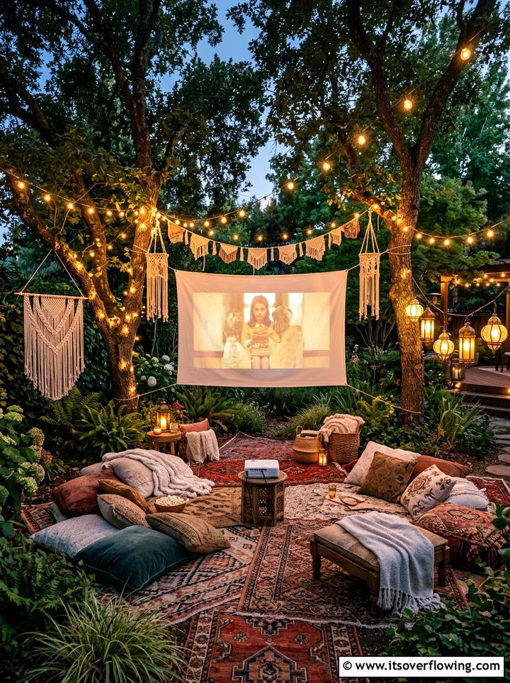 Boho Backyard Theater - 25 backyard ideas with projector screen