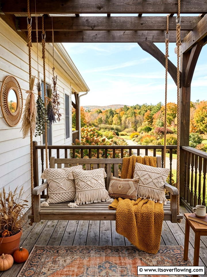 Boho Fall Porch Swing - 25 front porch ideas with fall decor