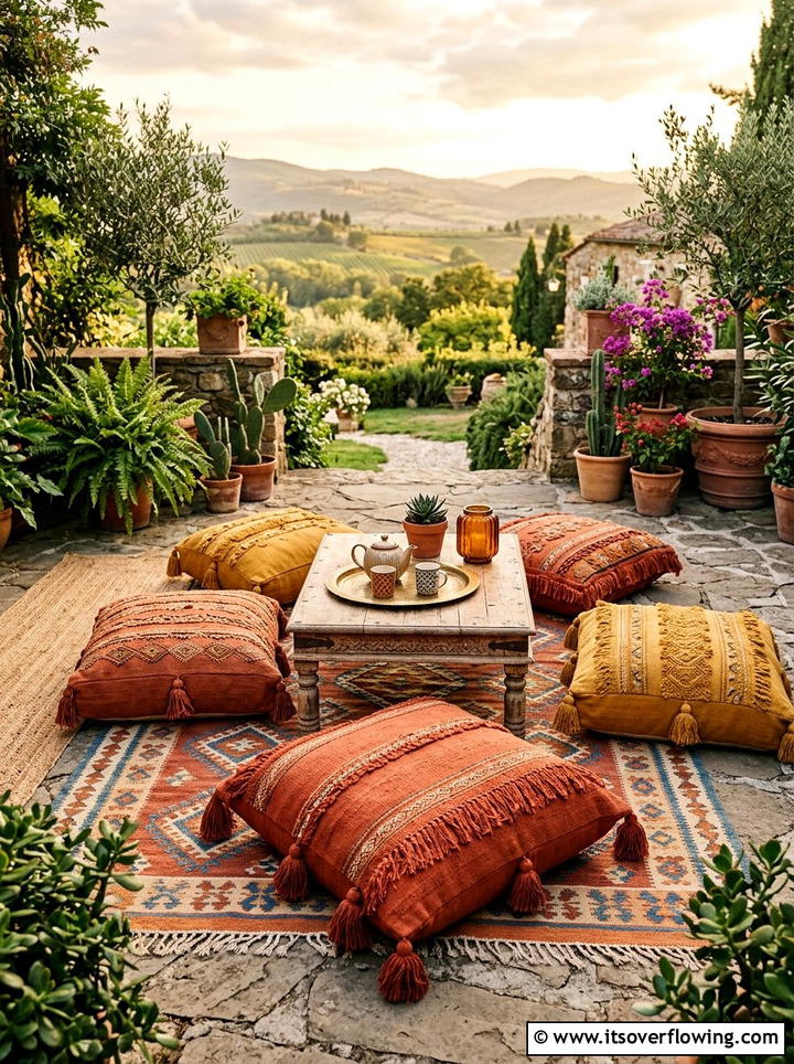 Boho Floor Seating - 25 backyard decorating ideas with pillows