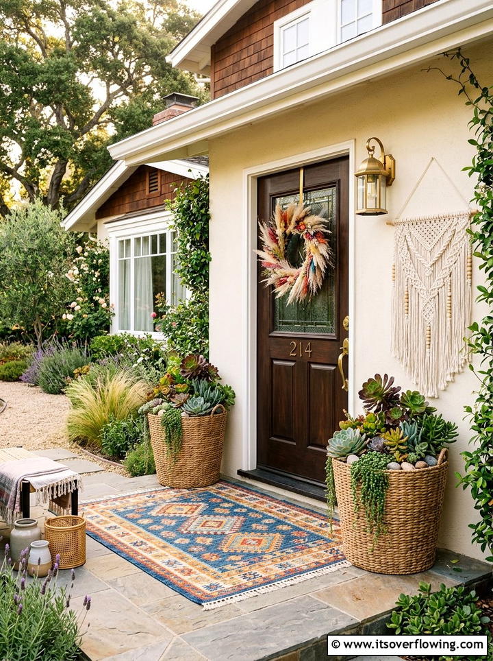 Boho Front Entry - 25 front porch ideas with matching planters