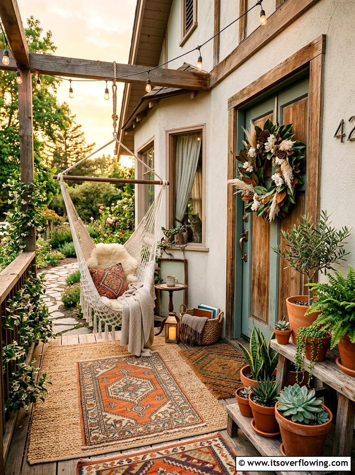Boho Front Porch - 25 front porch decor ideas with magnolia wreath