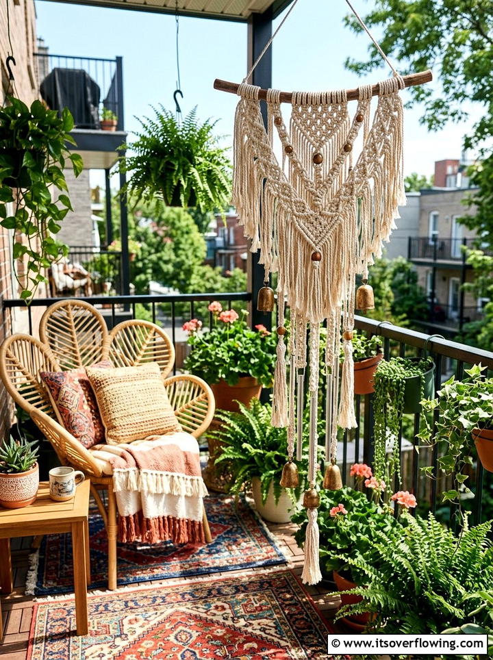 Boho Macrame Wind Chimes On Balcony - 25 garden decor ideas with wind chimes
