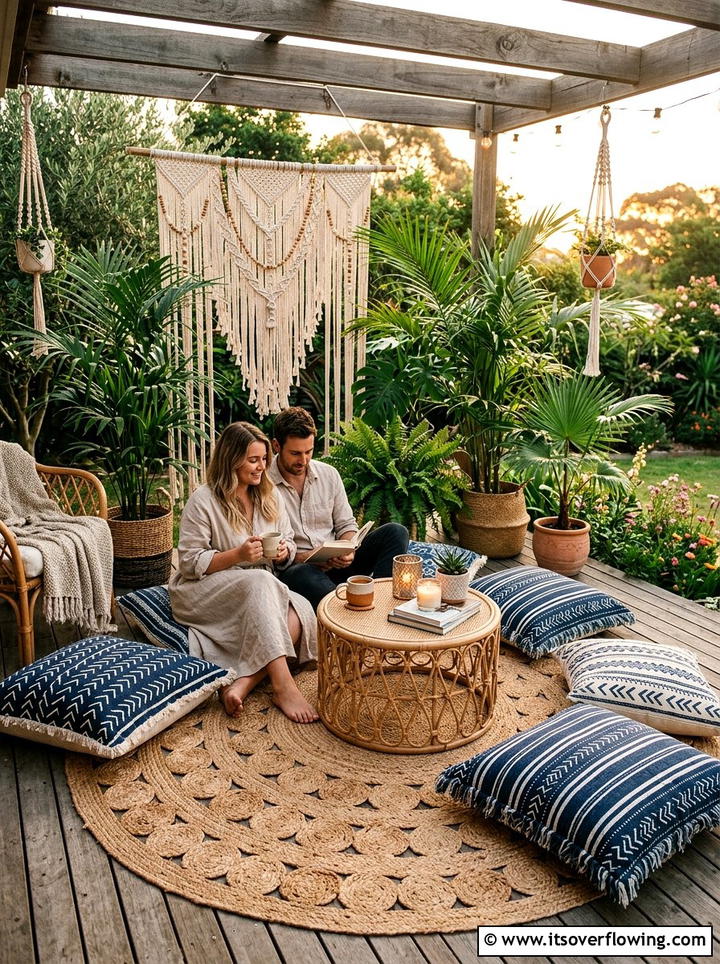 Boho Outdoor Rug With Floor Pillows - 25 backyard ideas with lounge area