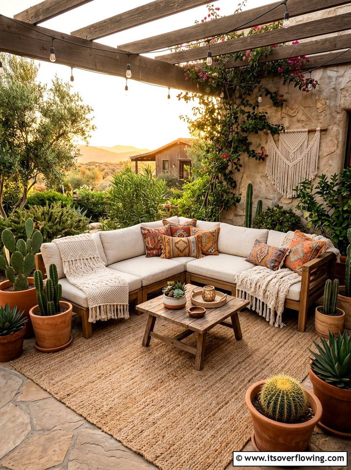 Boho Outdoor Seating - 25 backyard decorating ideas with throws