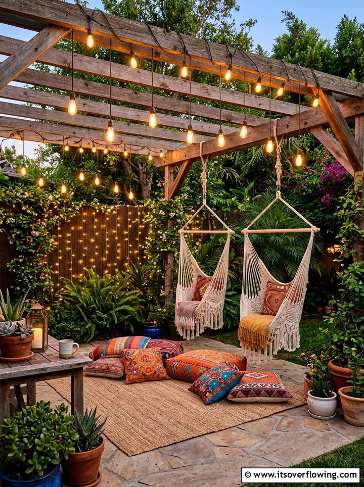 Boho Patio Curtain String Lights - 25 backyard decorating ideas with pergola string lights
