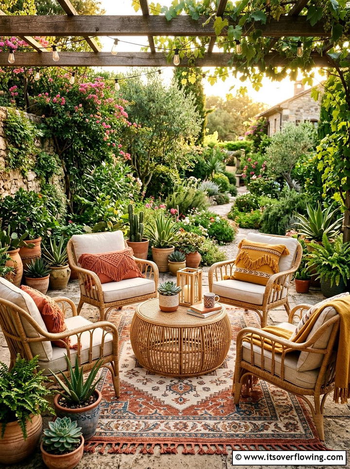 Boho Patio Set - 25 garden decor ideas with throw pillows
