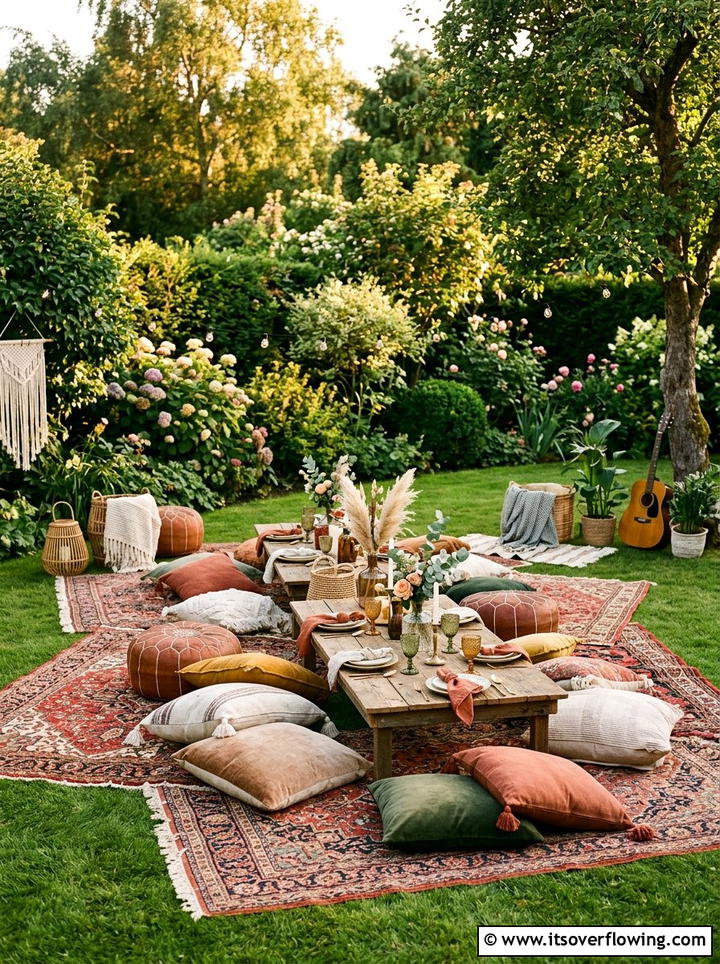 Boho Picnic Seating - 25 garden decor ideas for birthdays