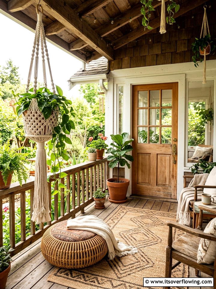 Boho Porch With Macrame Hanging Plant - 25 front porch decor ideas with asymmetrical layout