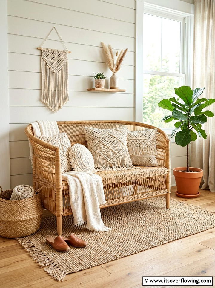 Boho Rattan Bench Seat - 25 front porch ideas with bench seating