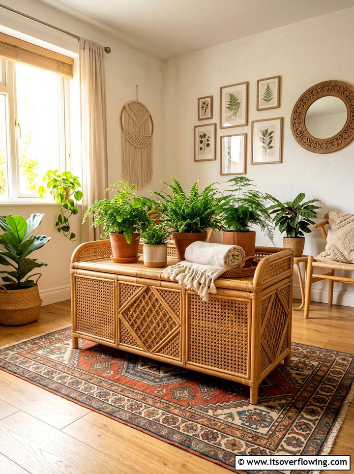 Boho Rattan Storage Bench - 25 front porch ideas with storage bench