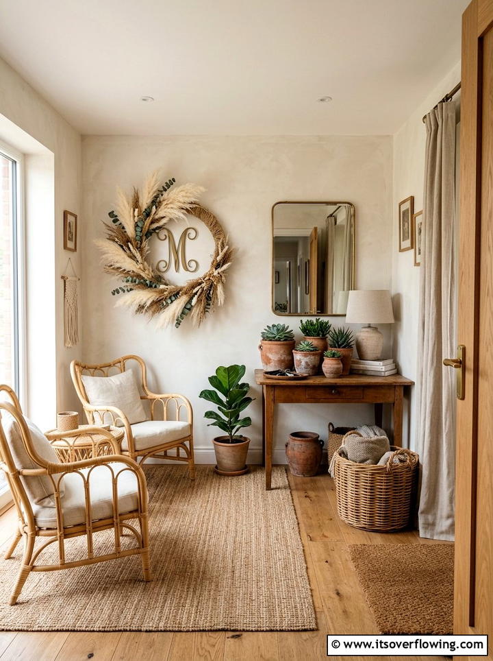 Boho Style Entryway - 25 front porch decor ideas with monogram wreath