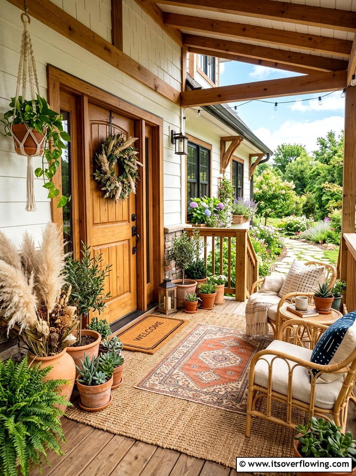 Boho Style Front Porch - 25 front porch decor ideas with eucalyptus wreath