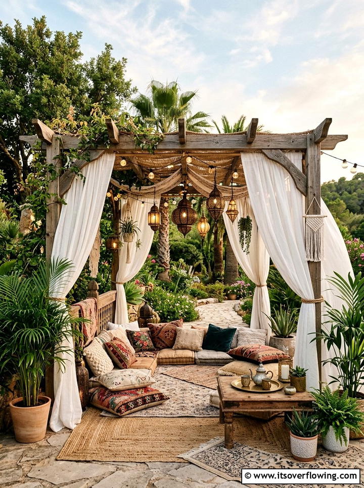 Boho Style Pergola With Curtains - 25 backyard ideas with pergola