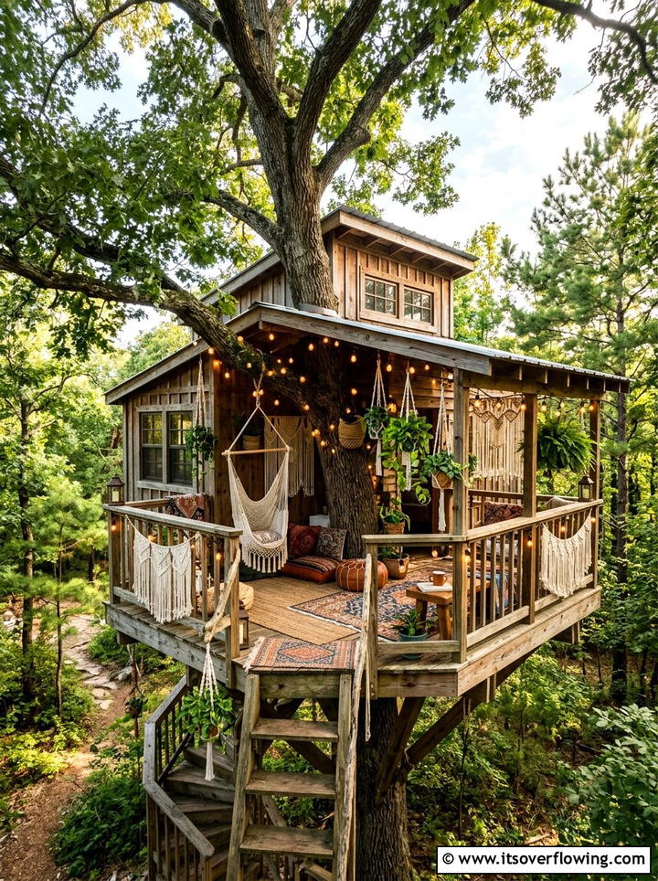 Boho Style Treehouse - 25 backyard ideas with treehouse
