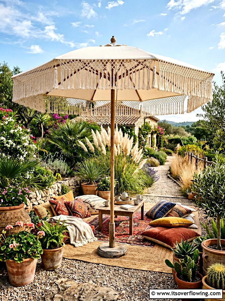 Boho Tassel Umbrella - 25 garden decor ideas with umbrellas