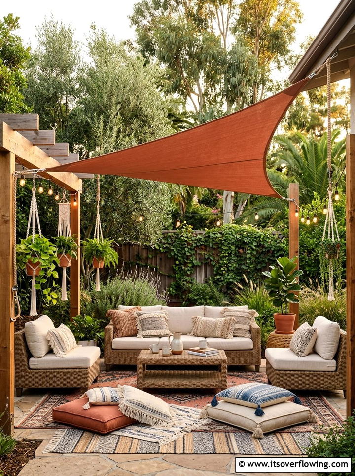Boho backyard shade sail - 25 backyard decorating ideas with shade sail