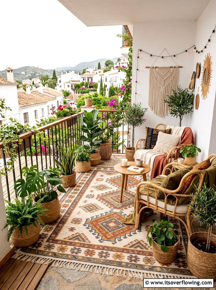 Boho balcony rug - 25 garden decor ideas for balconies