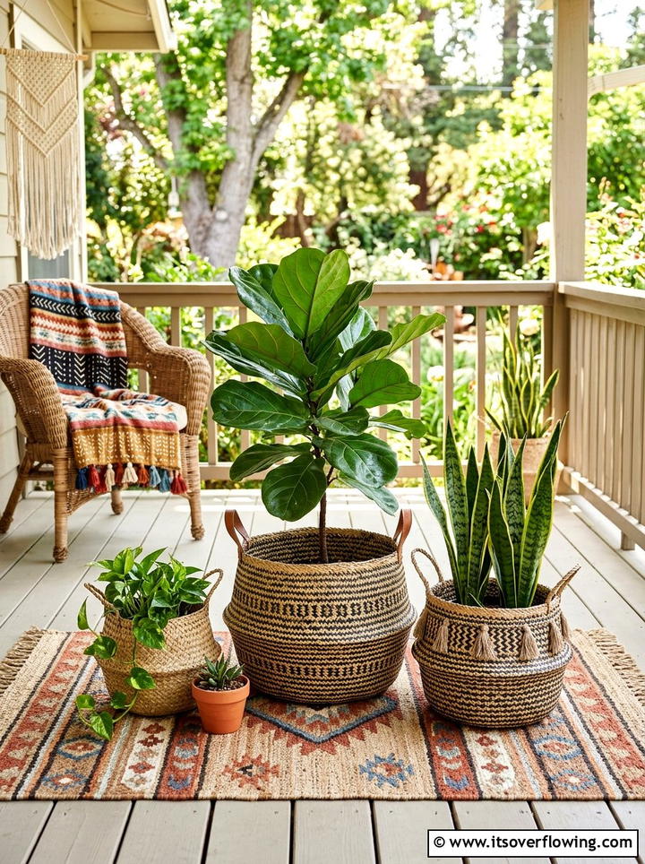 Boho belly basket planters - 25 front porch decor ideas with baskets