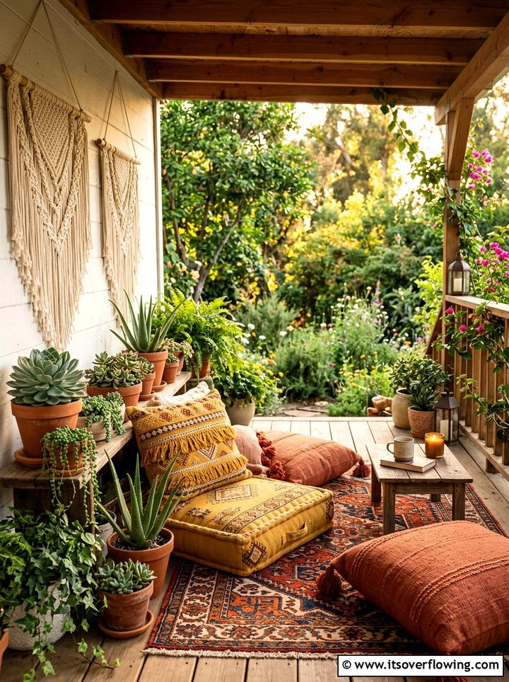 Boho floor cushion setup - 25 front porch decor ideas with cushions