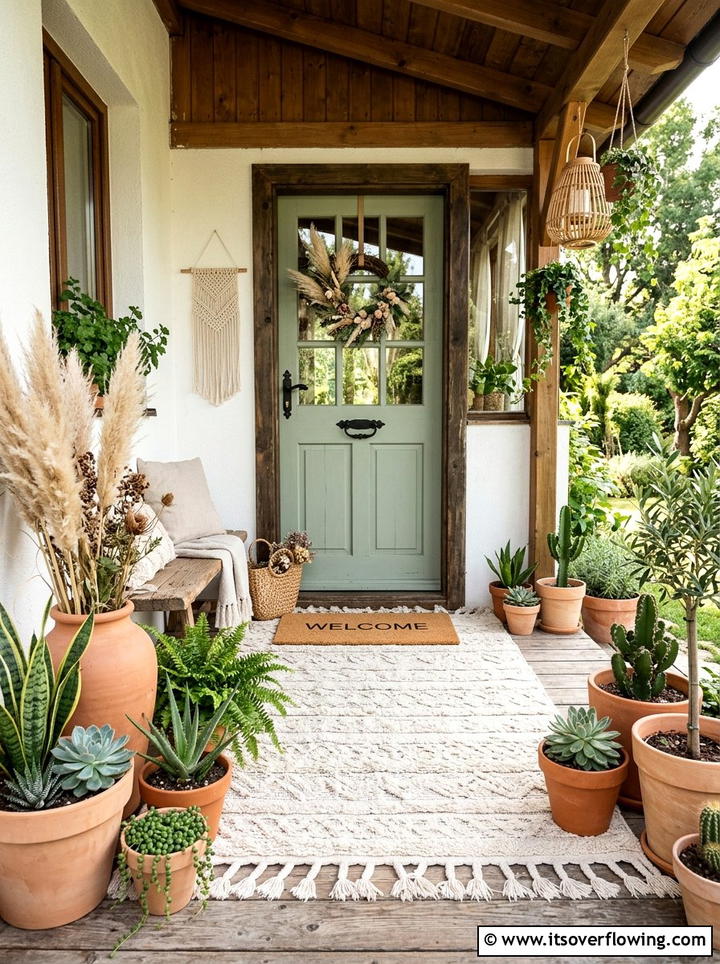 Boho fringe outdoor rug under doormat - 25 front porch decor ideas with layered mats