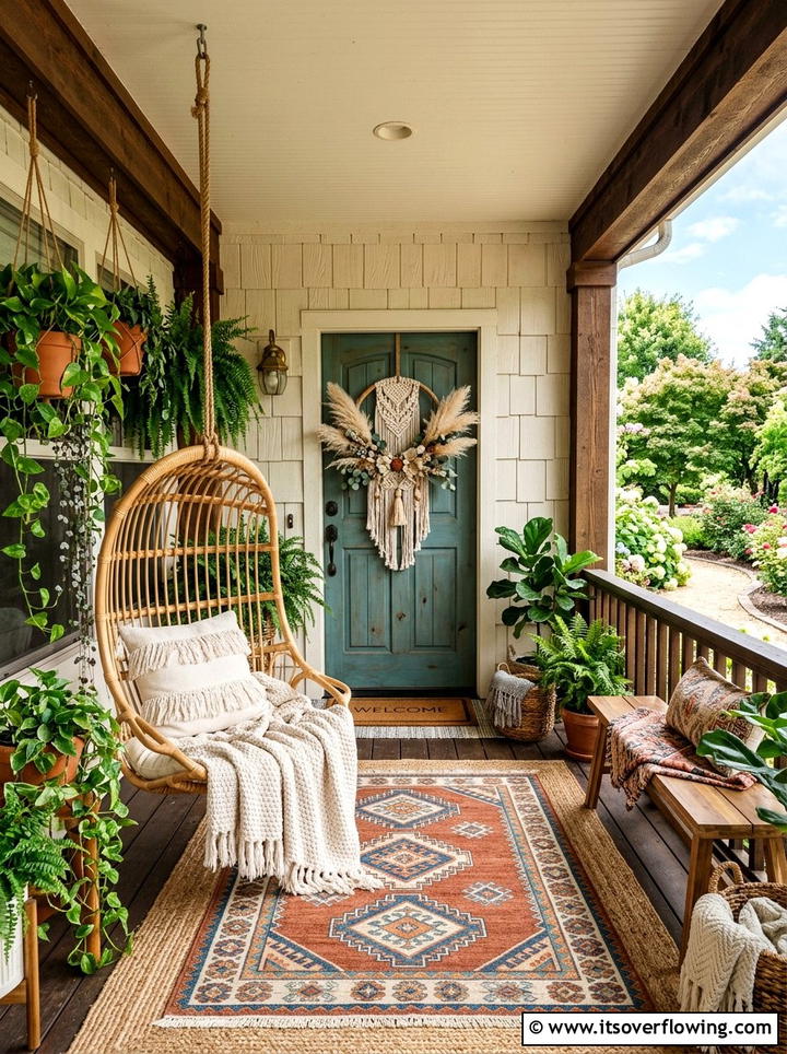 Boho front porch - 25 front porch decor ideas with floral wreath