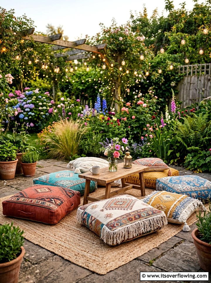 Boho garden floor cushions - 25 backyard ideas with reading nook