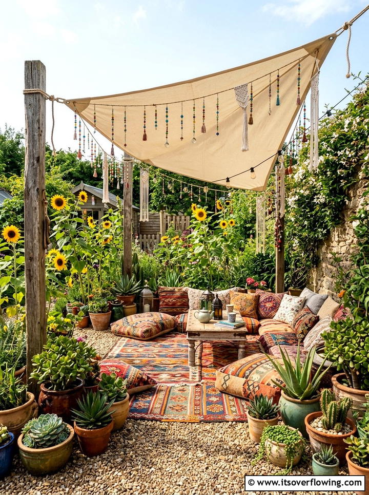 Boho garden shade sail - 25 garden decor ideas with shade sails