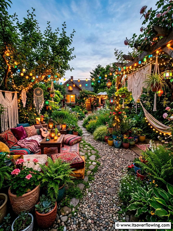 Boho garden with eclectic path lighting - 25 creative garden ideas with fairy light pathways