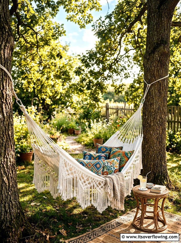 Boho hammock area - 25 backyard ideas with cozy corner