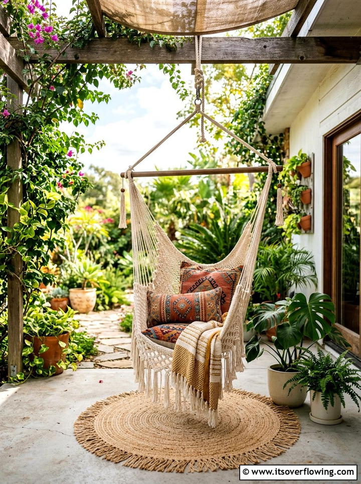 Boho hanging chair - 25 front porch ideas with concrete floor