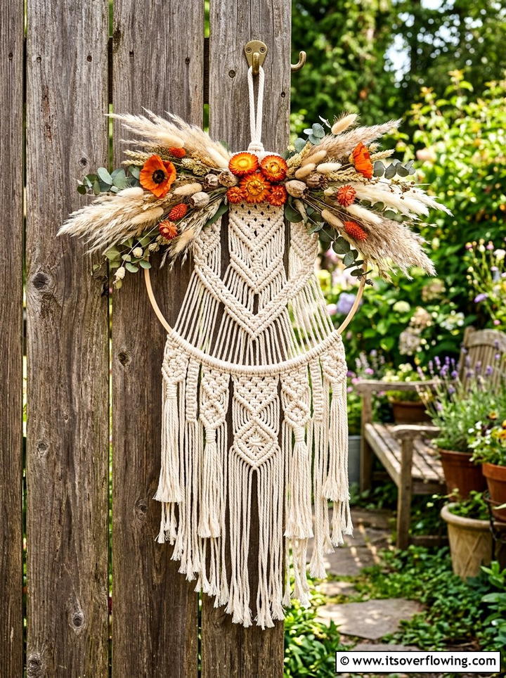 Boho macrame floral hoop - 25 garden decor ideas with floral hoops