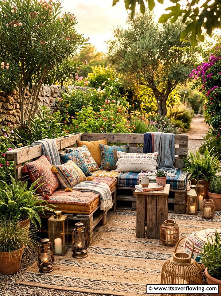 Boho pallet seating - 25 creative garden ideas with outdoor party zones