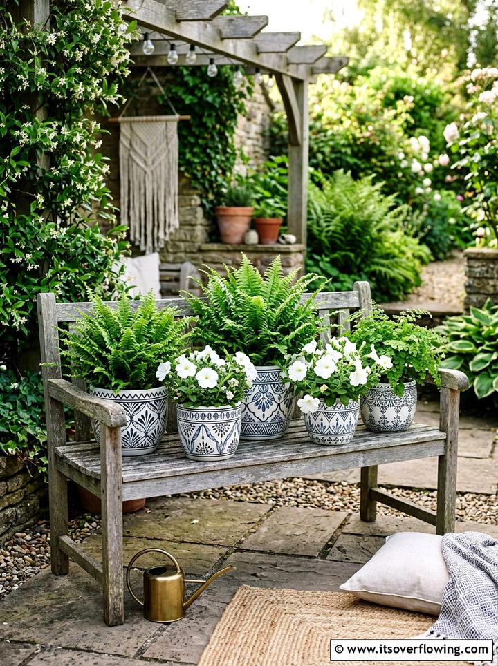 Boho patio with white patterned pots - 25 creative garden ideas with painted planters