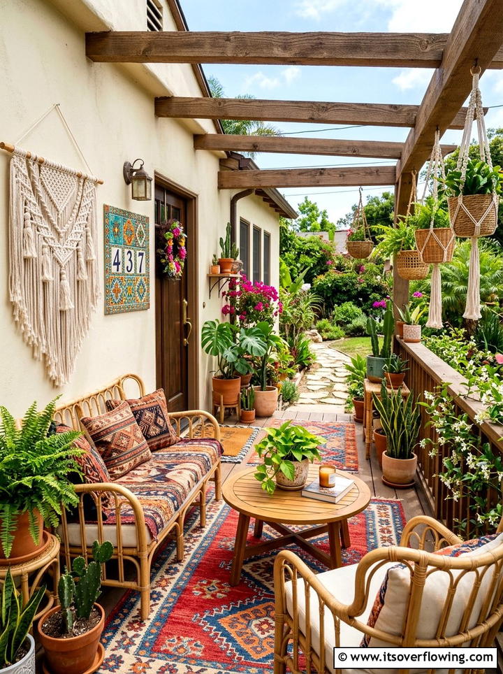 Boho porch decor with house numbers - 25 front porch ideas with house numbers