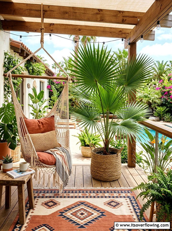 Boho porch decor with palm tree - 25 front porch decor ideas with mini trees