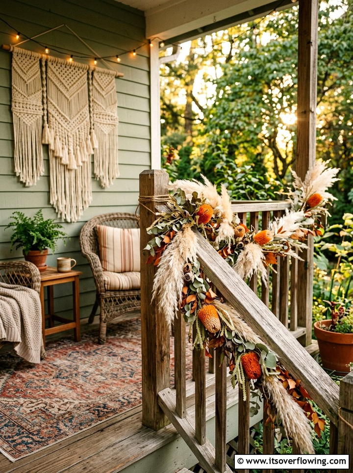 Boho porch railing floral garland - 25 front porch ideas with floral garland