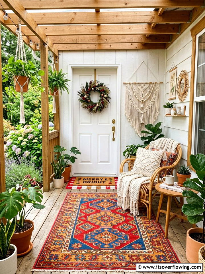 Boho porch with woven rug - 25 front porch ideas with holiday doormat