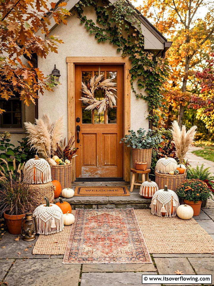 Boho pumpkin entryway - 25 front porch decor ideas with fake pumpkins