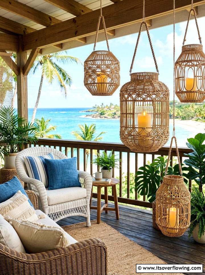 Boho rattan lanterns - 25 front porch decor ideas with candle holders