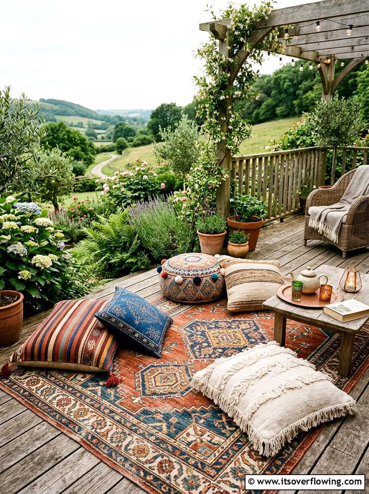 Boho rug area - 25 small garden ideas with reading nook