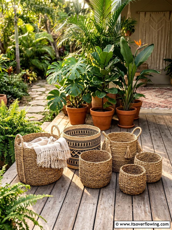 Boho style woven seagrass baskets - 25 front porch ideas with shoe storage