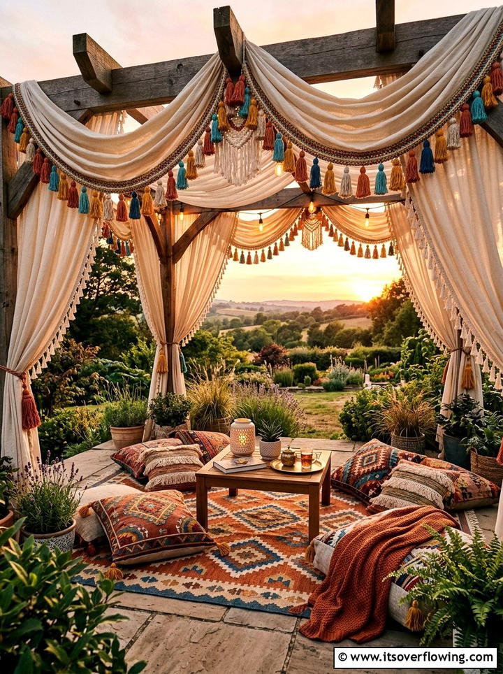 Boho tassel pergola drapes - 25 backyard ideas with pergola curtains