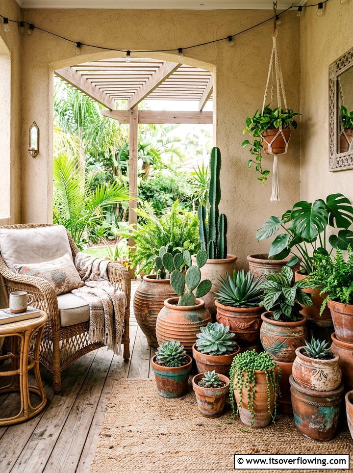 Boho terracotta pot cluster - 25 front porch ideas with terracotta pots
