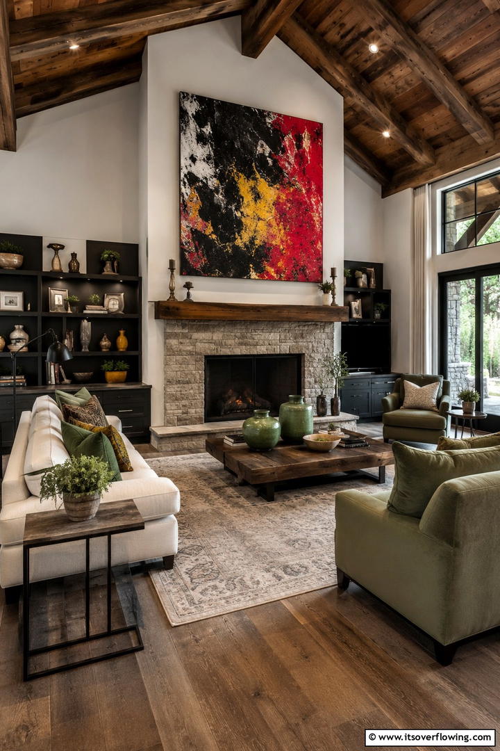 Bold Accents in a Rustic Ambience - 30 Rustic Sage Green Living Room Ideas for Earthy Elegance